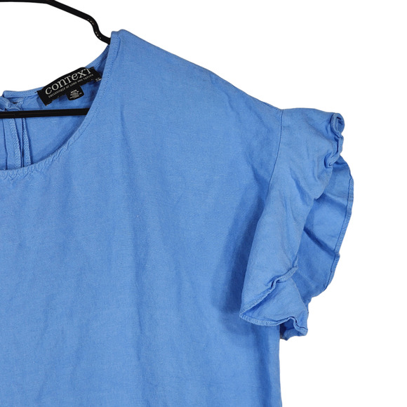 Context Linen Peplum Top Blouse sz M Women Blue Flutter Sleeves Cottage Coastal - Picture 4 of 13